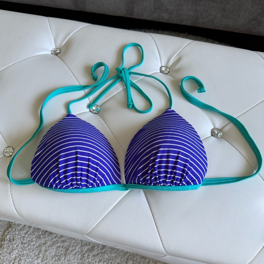 Blue and White Striped Padded Push Up Bikini Top Size Large
